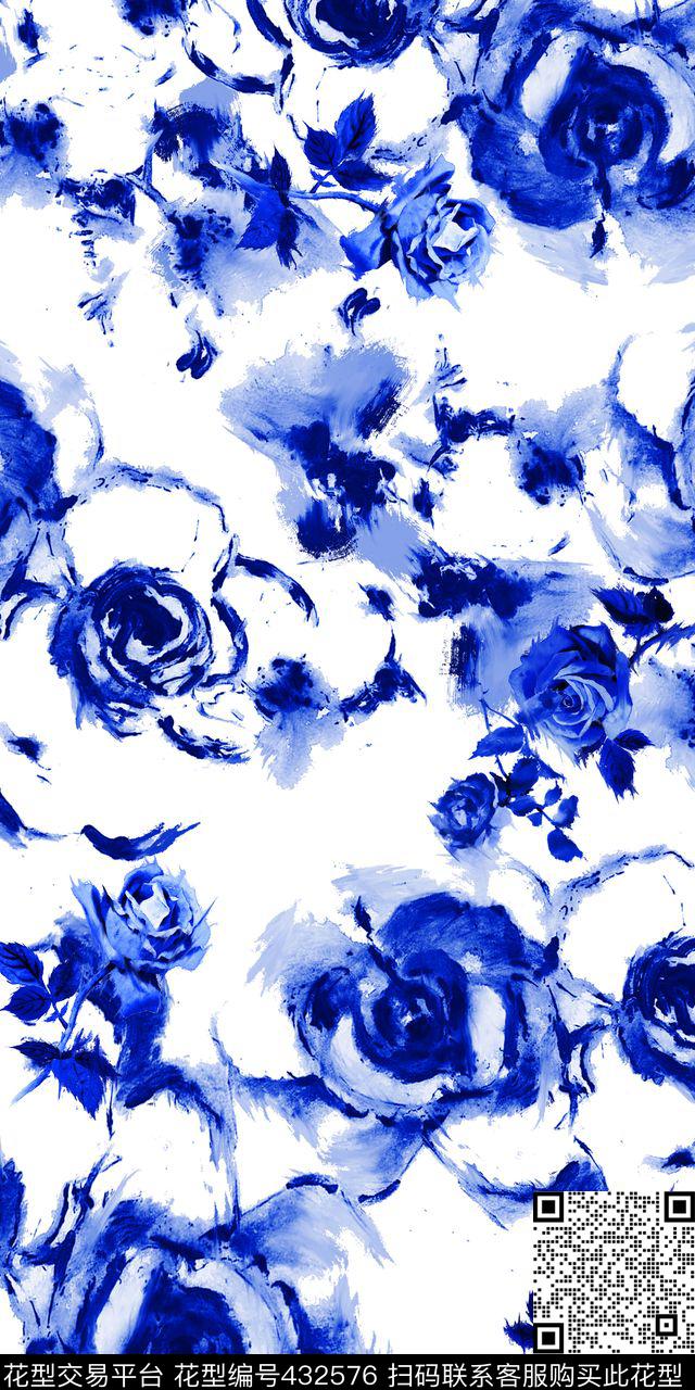 数码高端大牌抽象手绘单色花卉女装抽象花卉流行时尚花等数码印花华亿平台下载（图片编号: 432576） - 瓦栏（Walan）