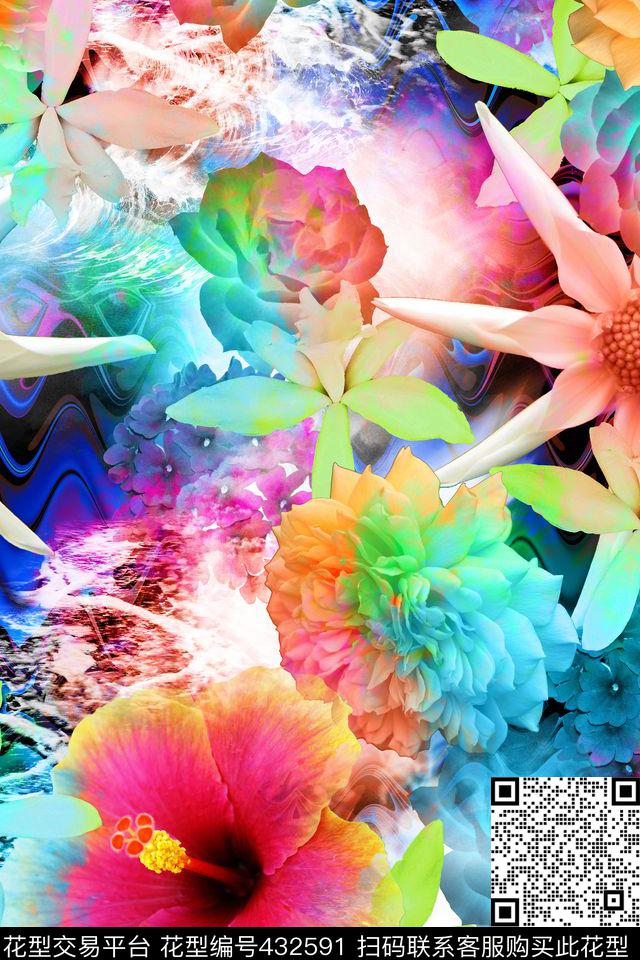 饱和度春夏花卉数码印花华亿平台下载（图片编号: 432591） - 瓦栏（Walan）