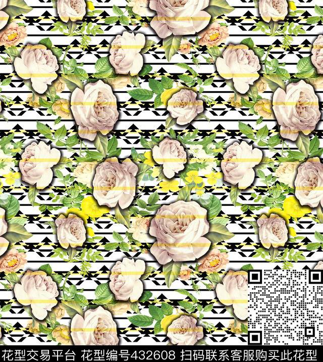复古田园清新月季芍药几何枝条复古插画叠加数码印花华亿平台下载（图片编号: 432608） - 瓦栏（Walan）