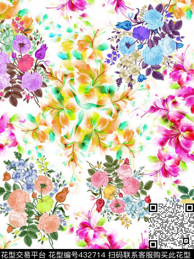 花卉拼接组合四方连续数码印花华亿平台下载（图片编号: 432714） - 瓦栏（Walan）
