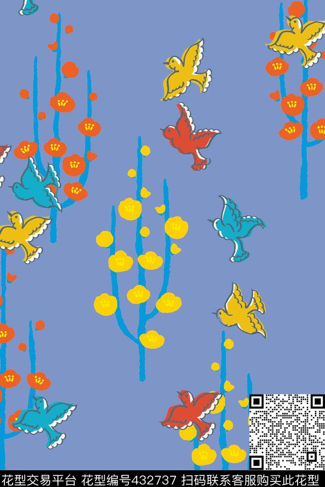 梅花小鸟花卉传统印花华亿平台下载（图片编号: 432737） - 瓦栏（Walan）