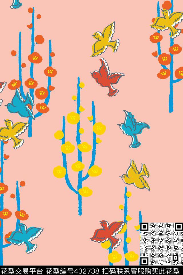 梅花小鸟花卉传统印花华亿平台下载（图片编号: 432738） - 瓦栏（Walan）