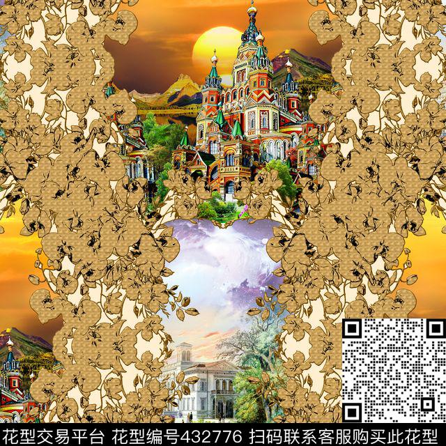 欧式风格手绘风景画适量简笔花边数码印花华亿平台下载（图片编号: 432776） - 瓦栏（Walan）