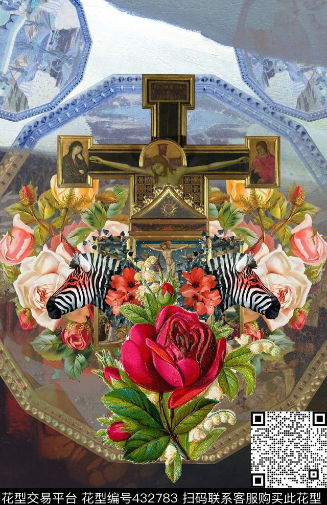 斑马定位复古玫瑰花数码印花华亿平台下载（图片编号: 432783） - 瓦栏（Walan）