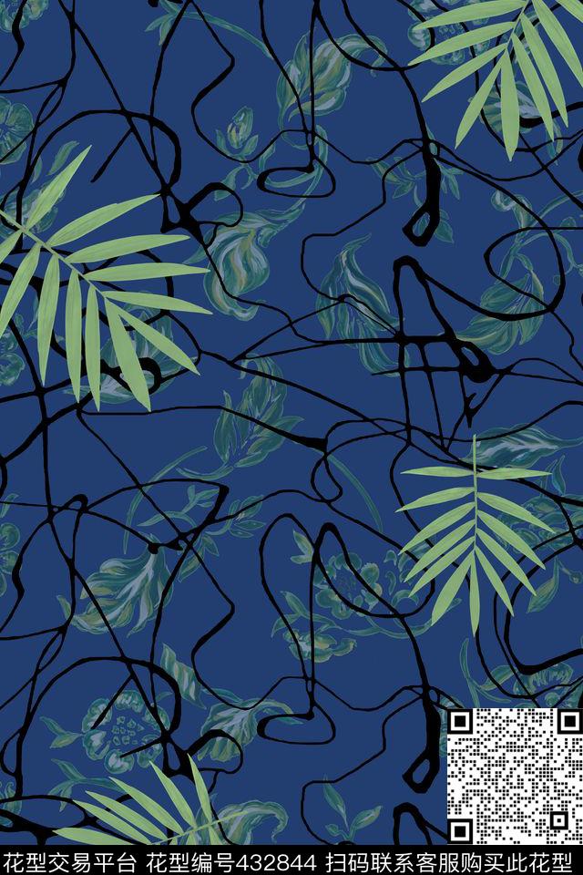乱线条大叶子线条绿叶数码印花华亿平台下载（图片编号: 432844） - 瓦栏（Walan）
