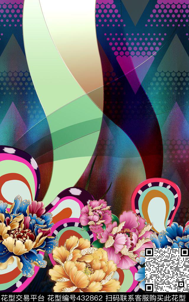 定位时尚花卉几何数码印花华亿平台下载（图片编号: 432862） - 瓦栏（Walan）