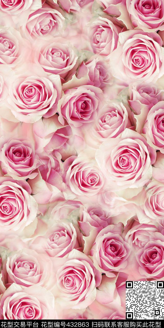 朦胧清爽玫瑰大气数码印花华亿平台下载（图片编号: 432863） - 瓦栏（Walan）