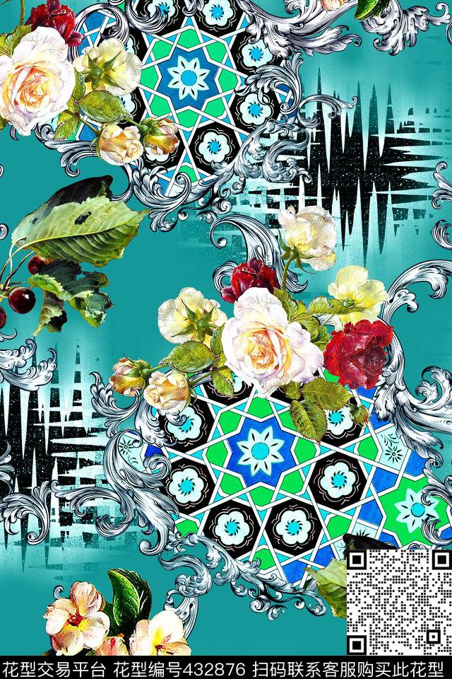 抽象卷草花卉数码印花华亿平台下载（图片编号: 432876） - 瓦栏（Walan）