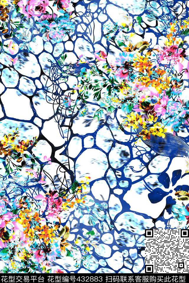 数码华亿平台蓝色抽象底纹小碎花时尚花卉数码印花华亿平台下载（图片编号: 432883） - 瓦栏（Walan）