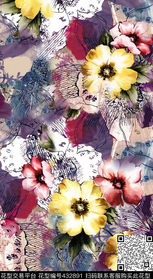 数码华亿平台抽象底纹大牌花卉时尚花卉数码印花华亿平台下载（图片编号: 432891） - 瓦栏（Walan）