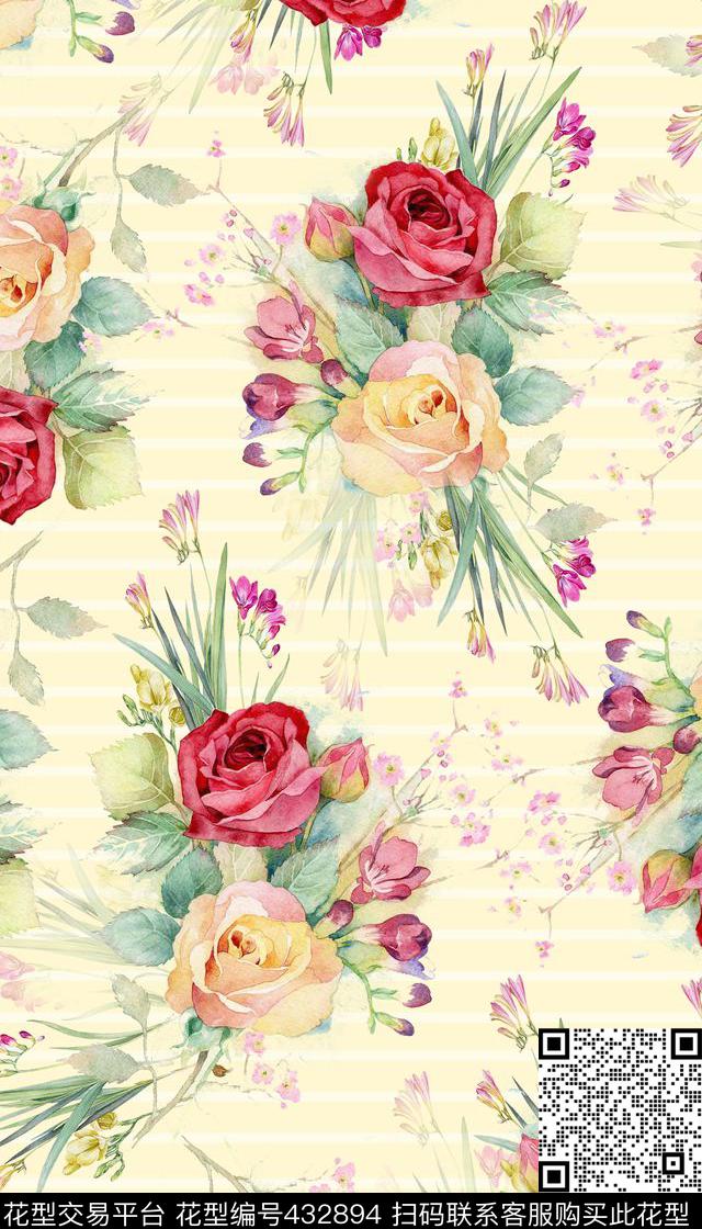 清新时尚手绘水彩花卉数码印花华亿平台下载（图片编号: 432894） - 瓦栏（Walan）