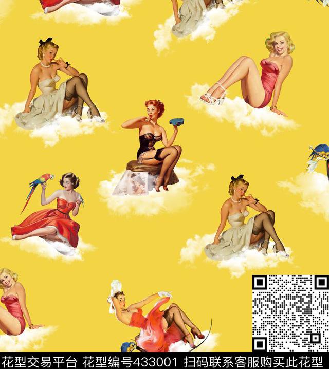 性感女郎油画云彩数码印花华亿平台下载（图片编号: 433001） - 瓦栏（Walan）