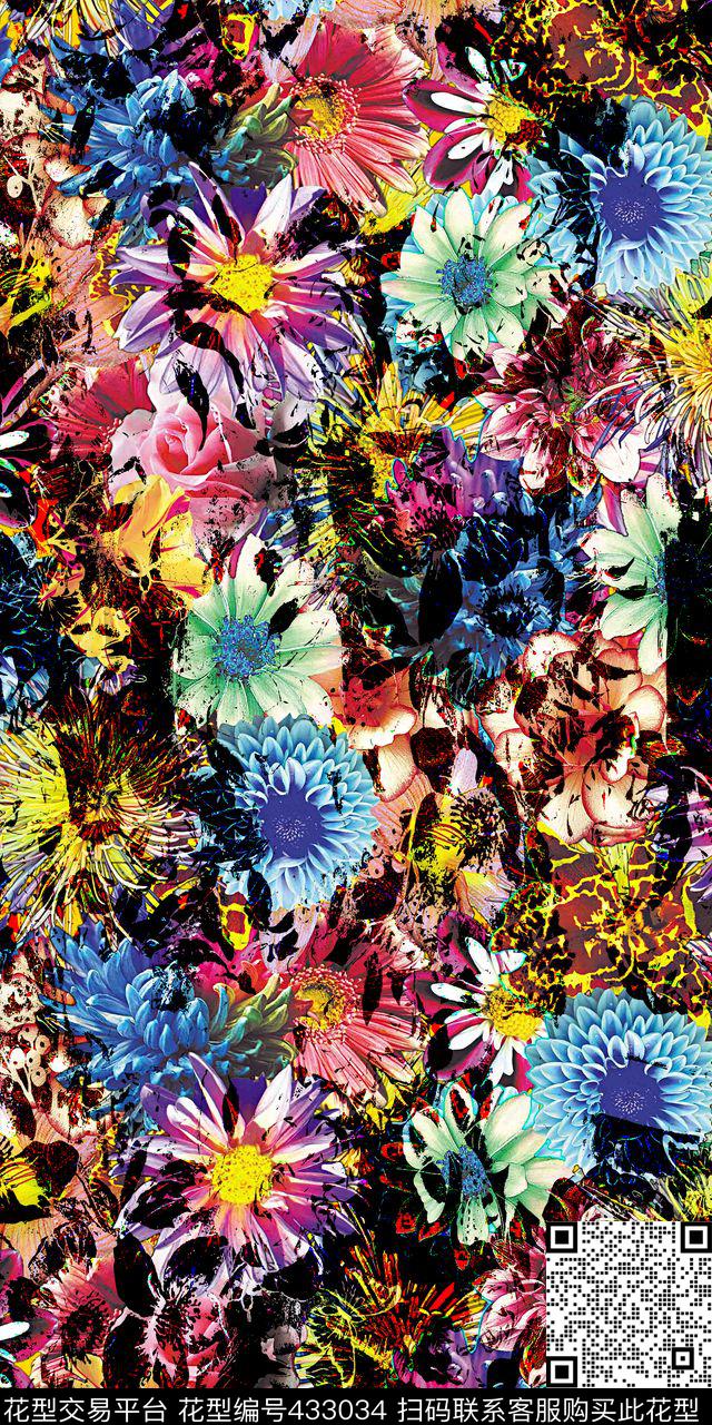 抽象风格写真花卉泼墨黑色相压数码印花华亿平台下载（图片编号: 433034） - 瓦栏（Walan）