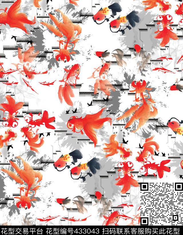 江南楼房金鲤鱼水墨笔触数码印花华亿平台下载（图片编号: 433043） - 瓦栏（Walan）