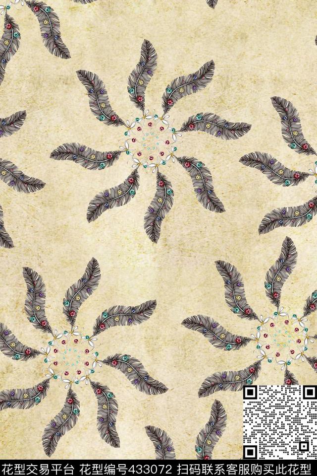 复古古典手绘羽毛太阳花数码印花华亿平台下载（图片编号: 433072） - 瓦栏（Walan）