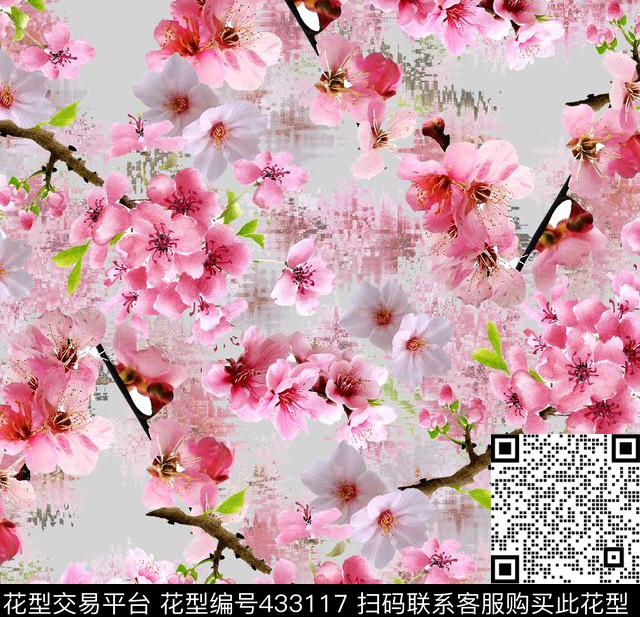 中国风桃花花卉数码印花华亿平台下载（图片编号: 433117） - 瓦栏（Walan）
