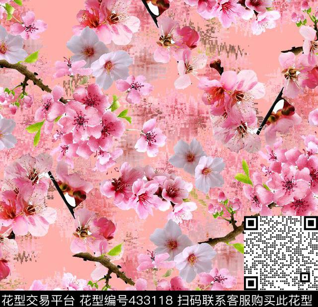 中国风桃花花卉数码印花华亿平台下载（图片编号: 433118） - 瓦栏（Walan）