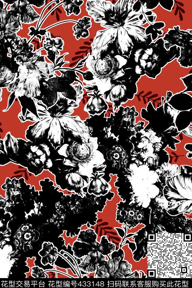 黑白花卉创意时尚数码印花华亿平台下载（图片编号: 433148） - 瓦栏（Walan）