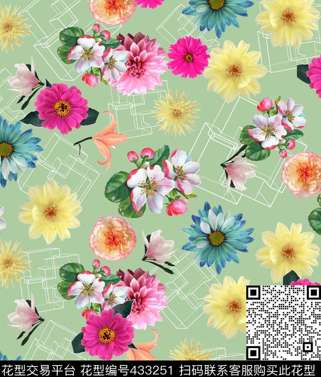 复古花花卉几何方格数码印花华亿平台下载（图片编号: 433251） - 瓦栏（Walan）