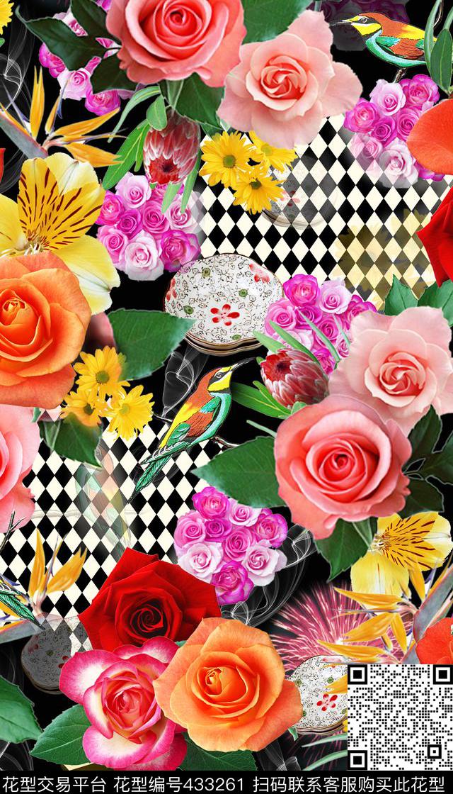 绚丽绚丽花卉瓷器烟火底纹数码印花华亿平台下载（图片编号: 433261） - 瓦栏（Walan）