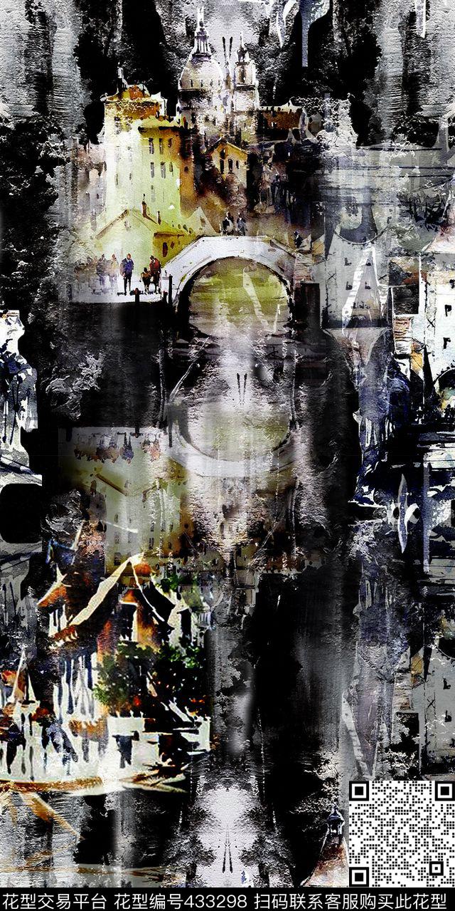丝绸真丝棉布水墨欧式建筑复古手绘数码印花华亿平台下载（图片编号: 433298） - 瓦栏（Walan）