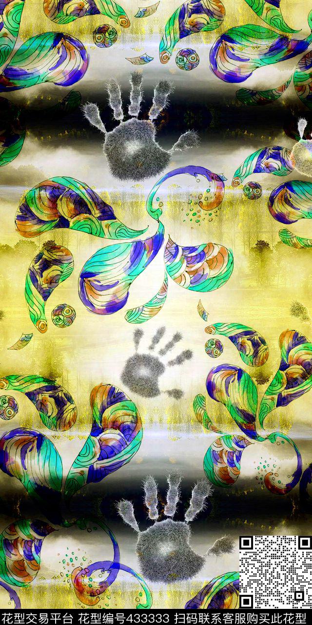 写意欧式风格美丽的湖光美景搭配手掌纹路数码印花华亿平台下载（图片编号: 433333） - 瓦栏（Walan）