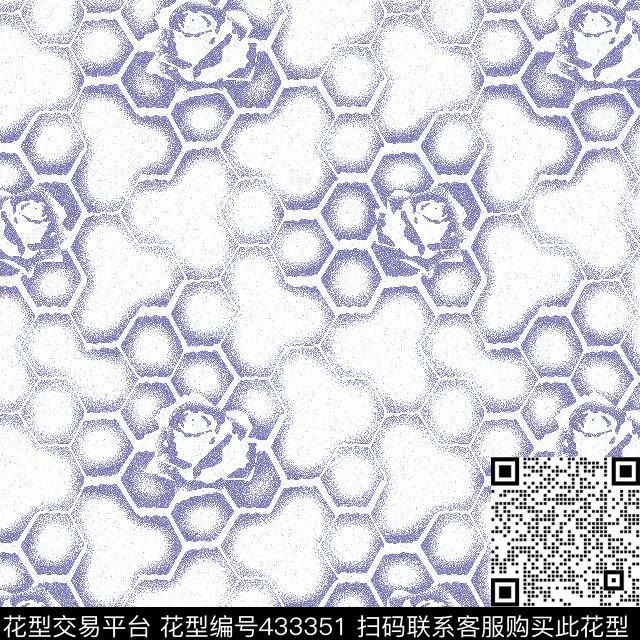 方块蜂窝玫瑰传统印花华亿平台下载（图片编号: 433351） - 瓦栏（Walan）