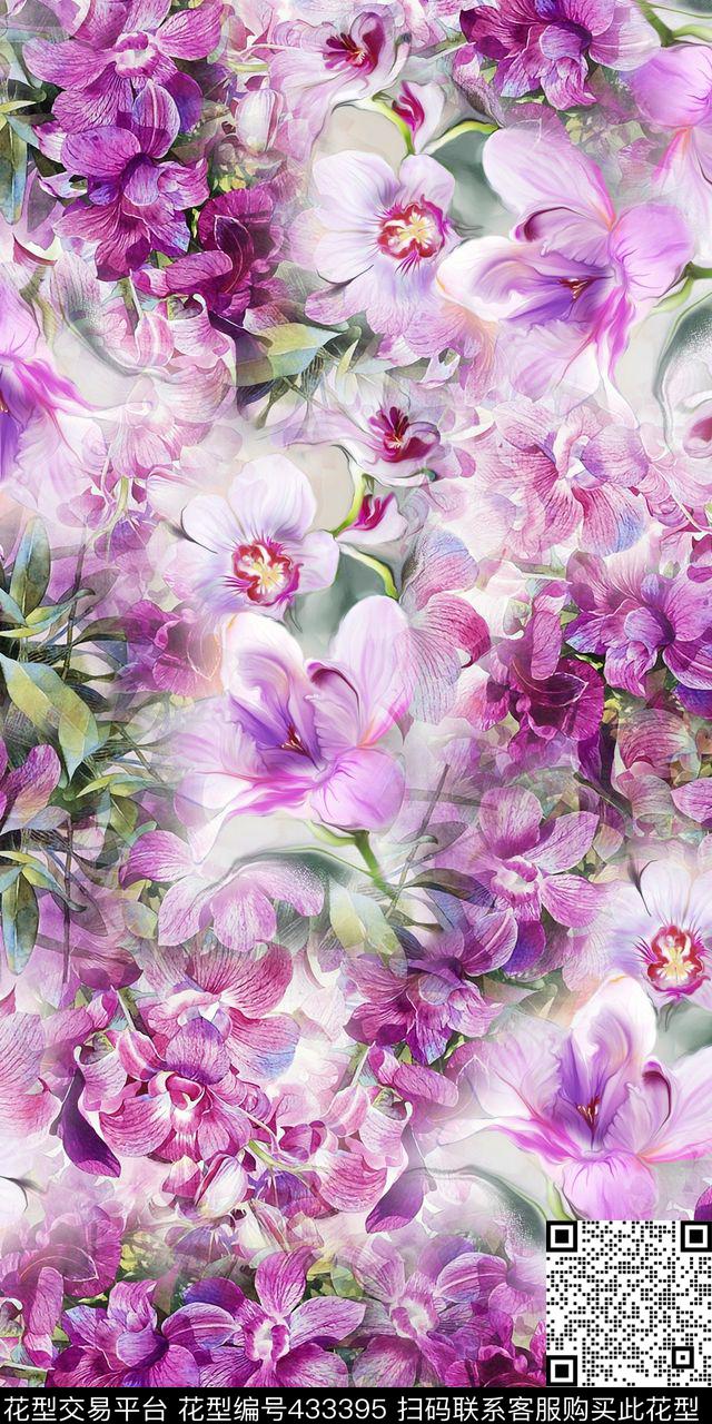 淡雅柔和复古花卉时尚数码印花华亿平台下载（图片编号: 433395） - 瓦栏（Walan）