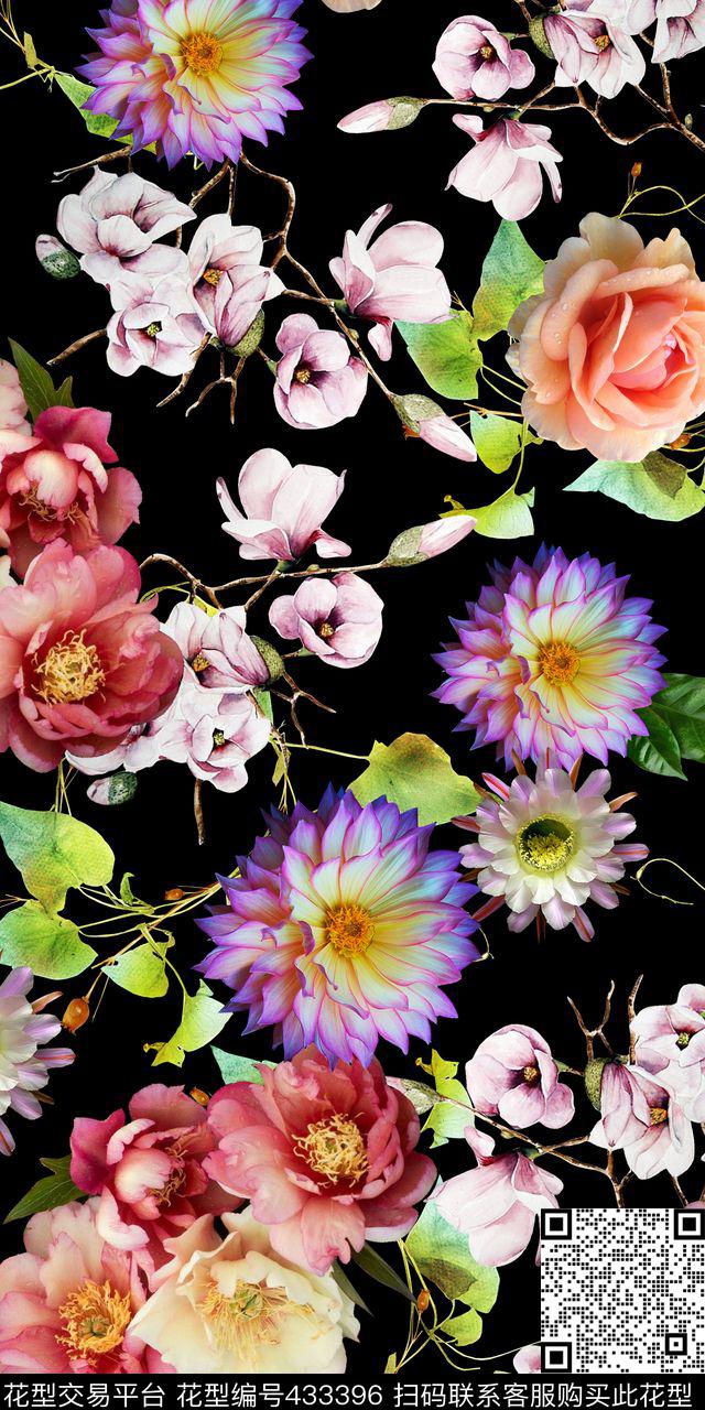 黑底大气绚丽花草印花大牌数码印花华亿平台下载（图片编号: 433396） - 瓦栏（Walan）