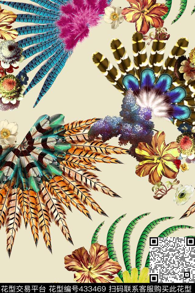 时尚羽毛花卉数码印花华亿平台下载（图片编号: 433469） - 瓦栏（Walan）
