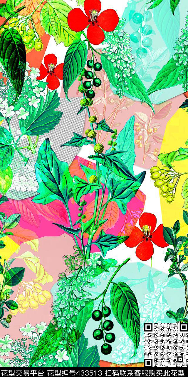 花卉服装色块植物写意色块数码印花华亿平台下载（图片编号: 433513） - 瓦栏（Walan）