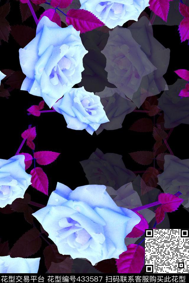 花卉田园风蓝色妖姬数码印花华亿平台下载（图片编号: 433587） - 瓦栏（Walan）