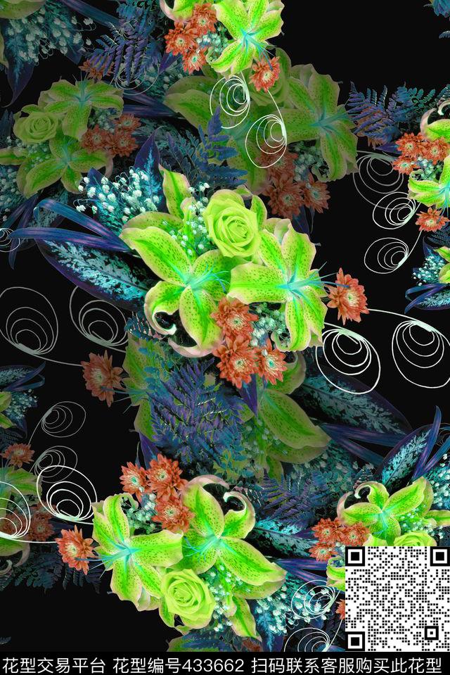 欧美花苞绿叶数码印花华亿平台下载（图片编号: 433662） - 瓦栏（Walan）