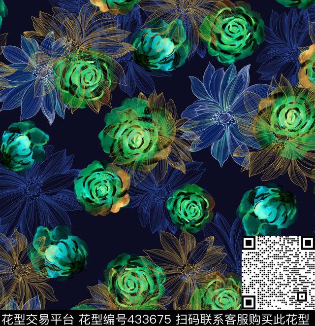 个性男装花卉混搭手绘数码印花华亿平台下载（图片编号: 433675） - 瓦栏（Walan）