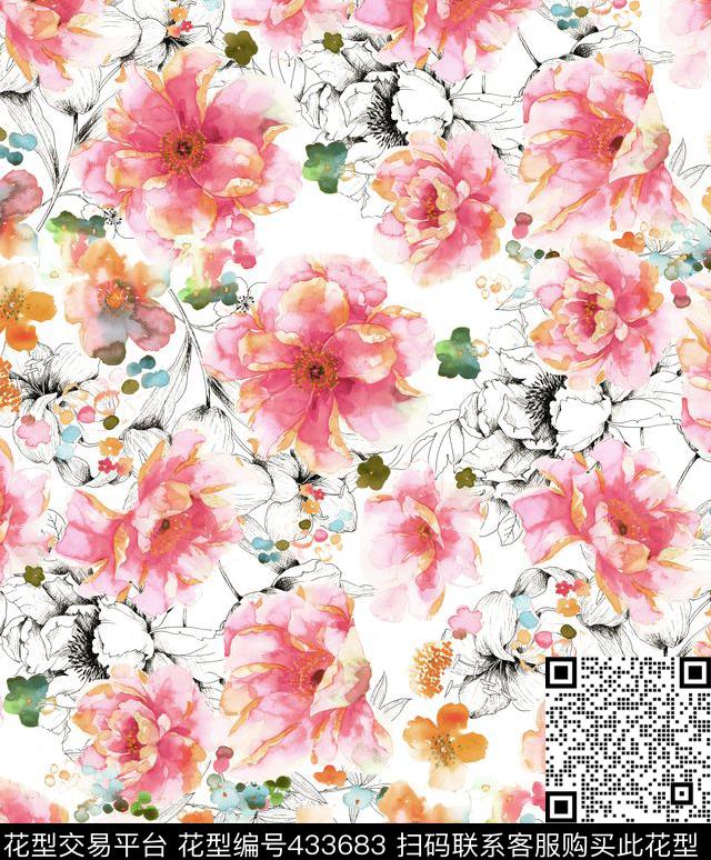 花卉流行时尚水彩花卉数码印花华亿平台下载（图片编号: 433683） - 瓦栏（Walan）