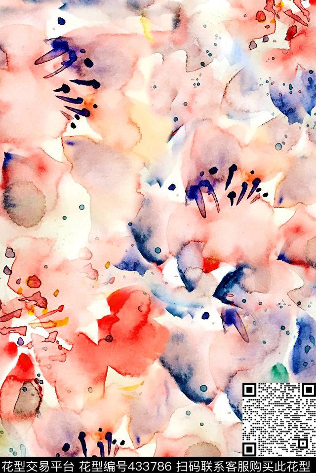 抽象手绘数码轻薄面料印花水彩手绘抽象花朵雪纺时尚数码印花数码印花华亿平台下载（图片编号: 433786） - 瓦栏（Walan）