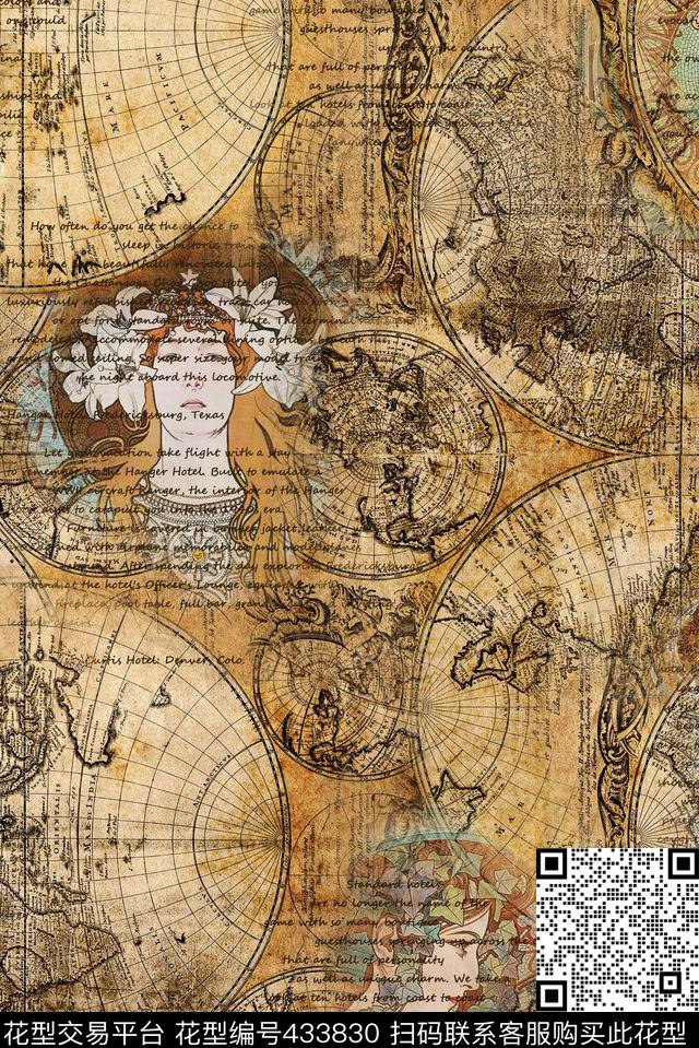 复古手绘世界地图穆夏作品文艺复兴数码印花华亿平台下载（图片编号: 433830） - 瓦栏（Walan）