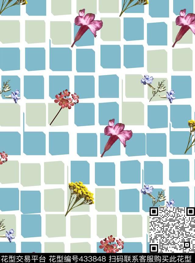 花卉格子菊花数码印花华亿平台下载（图片编号: 433848） - 瓦栏（Walan）