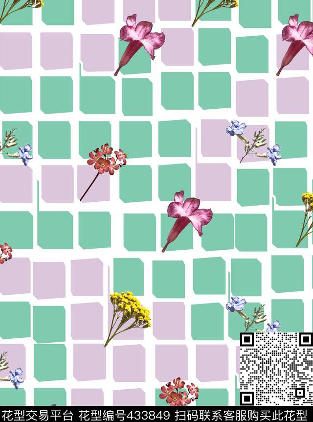 花卉格子菊花数码印花华亿平台下载（图片编号: 433849） - 瓦栏（Walan）