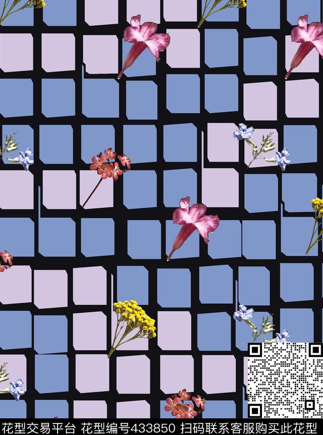 花卉格子菊花数码印花华亿平台下载（图片编号: 433850） - 瓦栏（Walan）