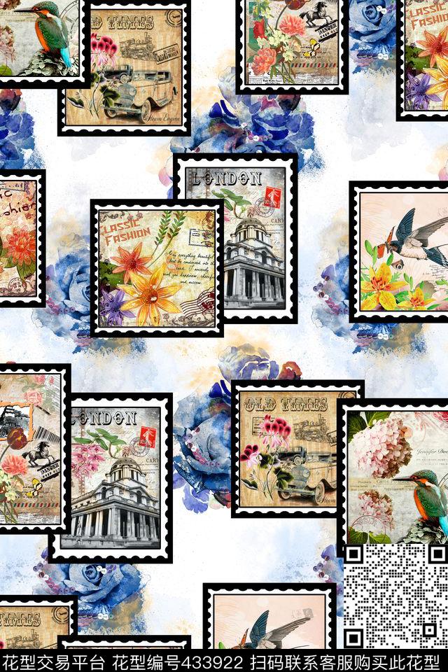 复古邮票时尚拼接水墨花卉鸟数码印花华亿平台下载（图片编号: 433922） - 瓦栏（Walan）