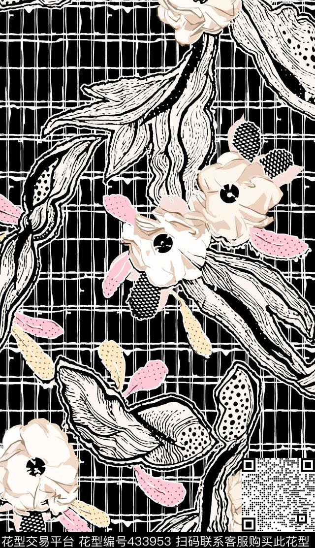 大花卉折纸几何条格手绘线描清新现代传统印花华亿平台下载（图片编号: 433953） - 瓦栏（Walan）