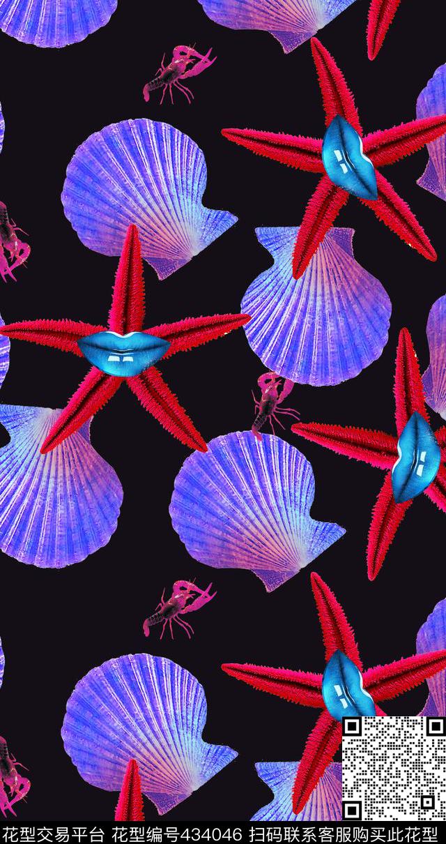 海鲜龙虾七彩贝壳数码印花华亿平台下载（图片编号: 434046） - 瓦栏（Walan）