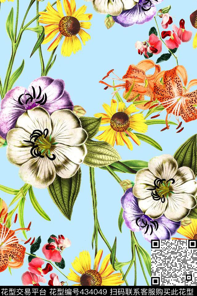时尚手绘花卉数码印花华亿平台下载（图片编号: 434049） - 瓦栏（Walan）