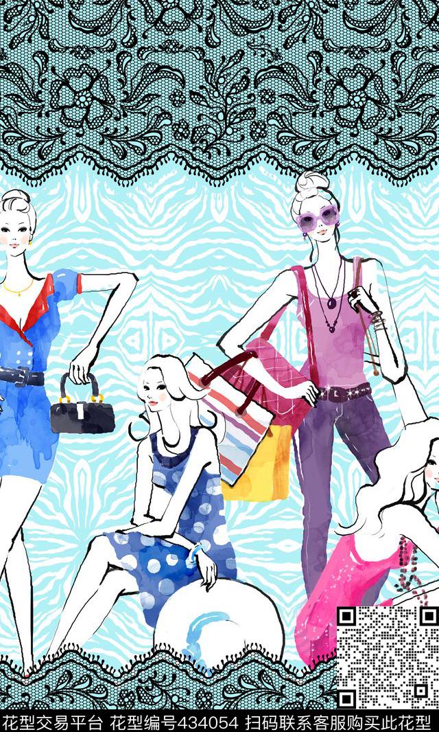 大气定位蕾丝、时尚女孩、手绘大气裁片定位数码印花华亿平台下载（图片编号: 434054） - 瓦栏（Walan）
