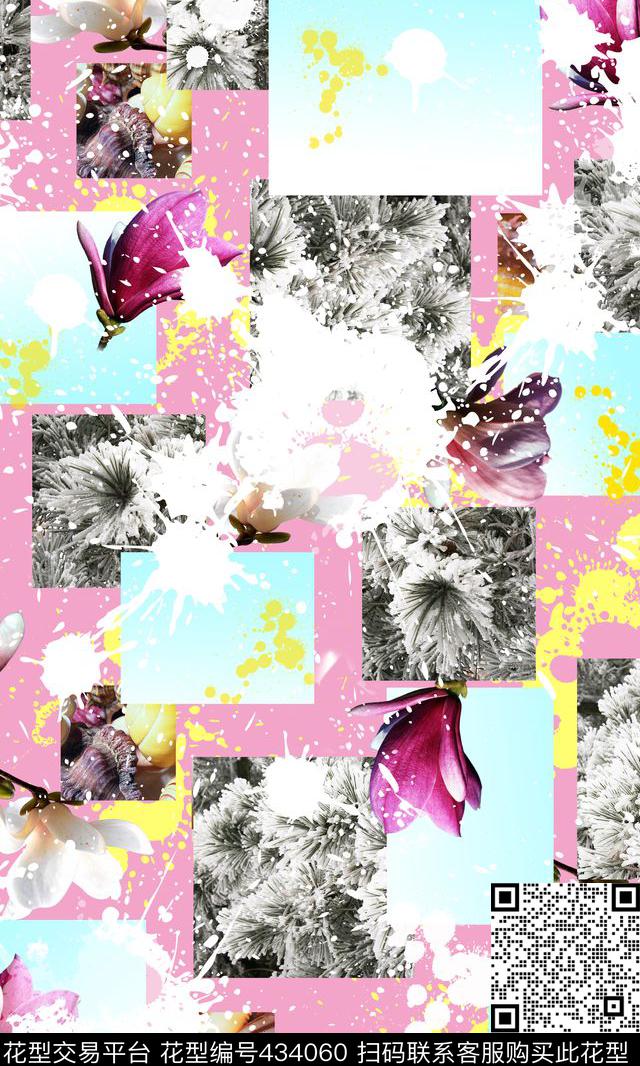 大气花卉喷溅花卉、喷溅元素、色块拼接组合数码印花华亿平台下载（图片编号: 434060） - 瓦栏（Walan）