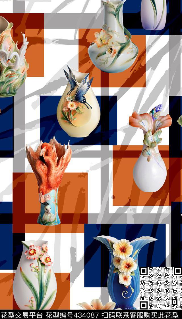 休闲瓷瓶格子数码印花华亿平台下载（图片编号: 434087） - 瓦栏（Walan）