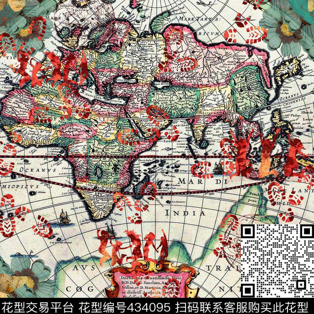 地图手绘旅行复古铜锈色数码印花华亿平台下载（图片编号: 434095） - 瓦栏（Walan）