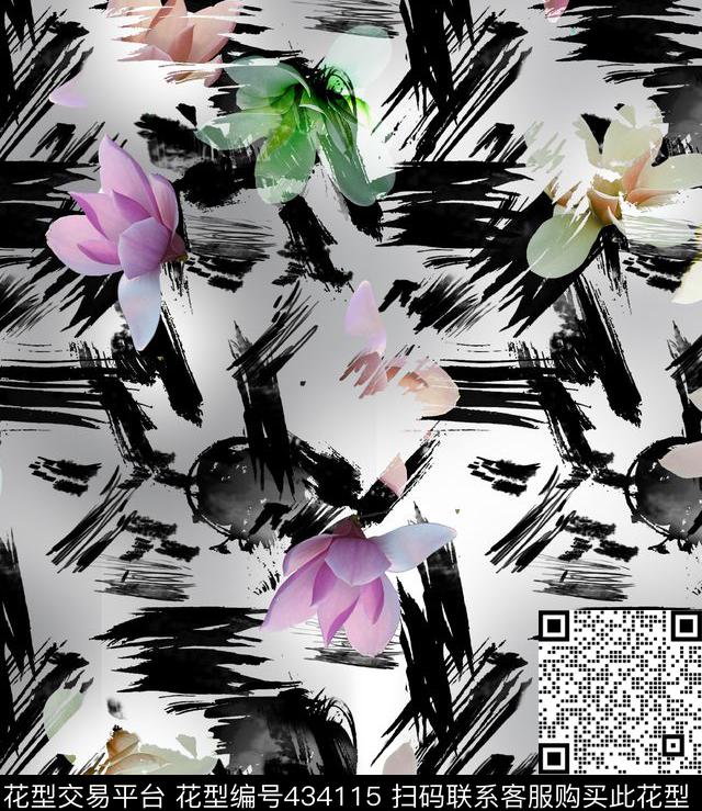 中国风/复古水磨花卉肌理数码印花华亿平台下载（图片编号: 434115） - 瓦栏（Walan）