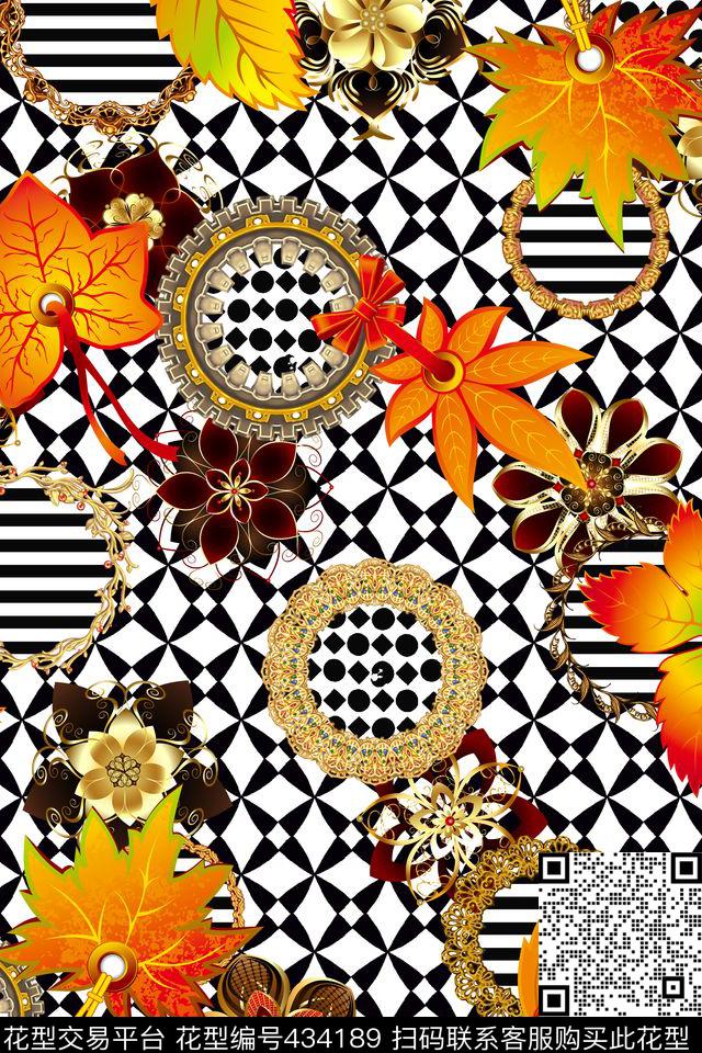 休闲大气珠宝黄叶珠宝黄叶格子欧式复古数码印花华亿平台下载（图片编号: 434189） - 瓦栏（Walan）